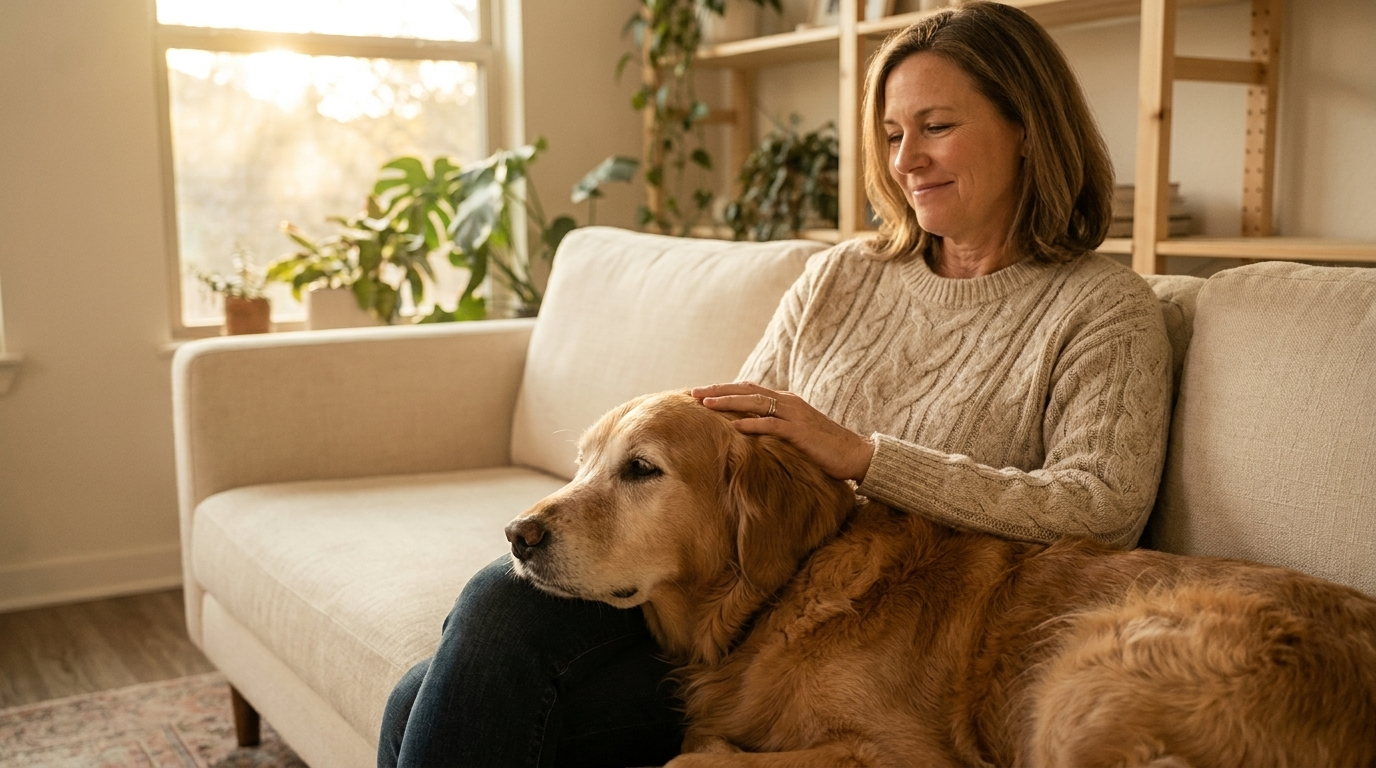 Margaret and Bella on the couch at home in Austin