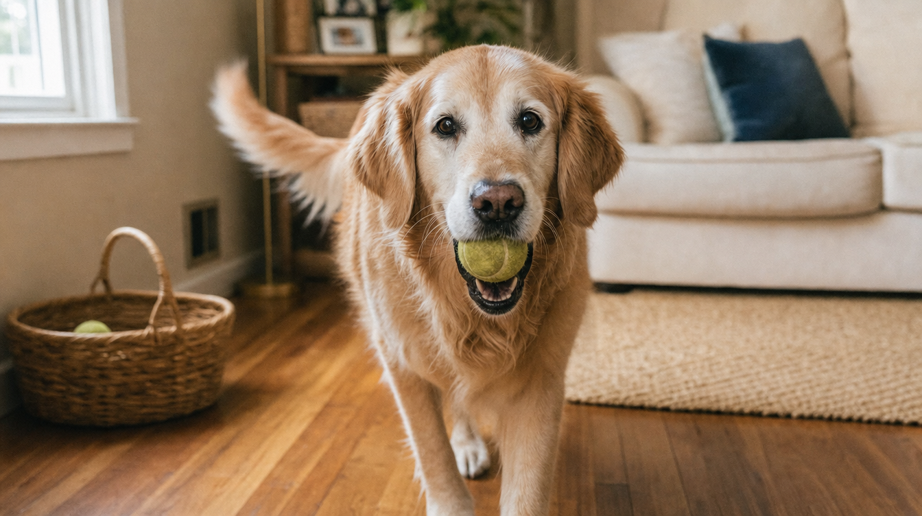 Bella walking forward with a tennis ball in her mouth in the living room