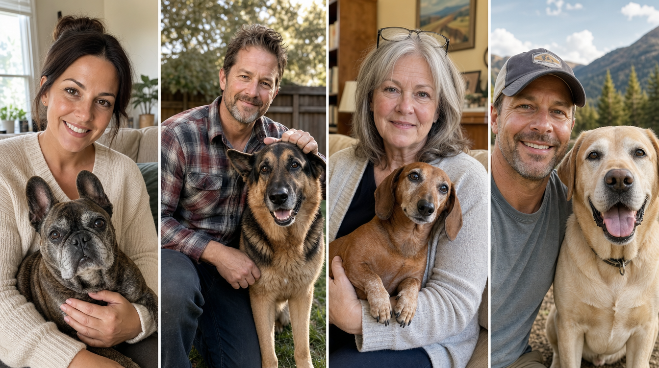 Four senior dogs with their owners