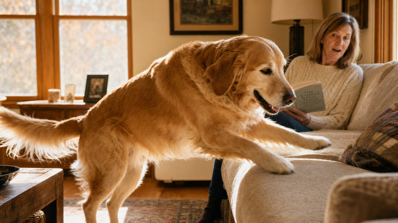 Bella the golden retriever jumping onto the couch next to Margaret