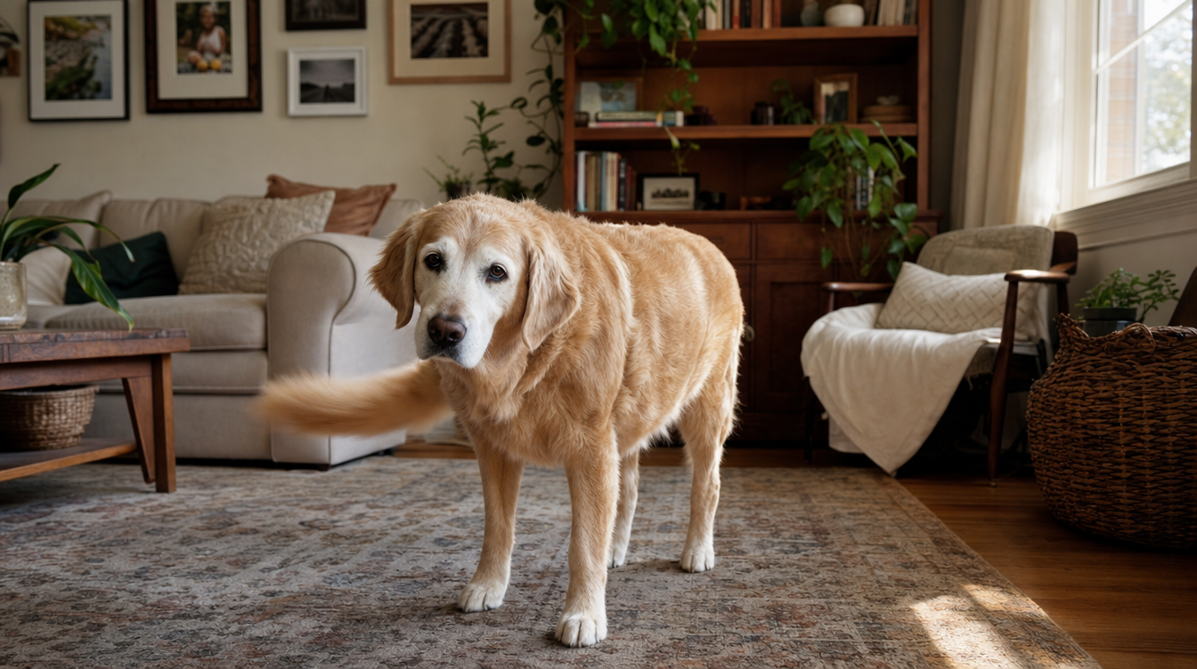 Bella, a senior golden retriever, standing quietly on the living room rug