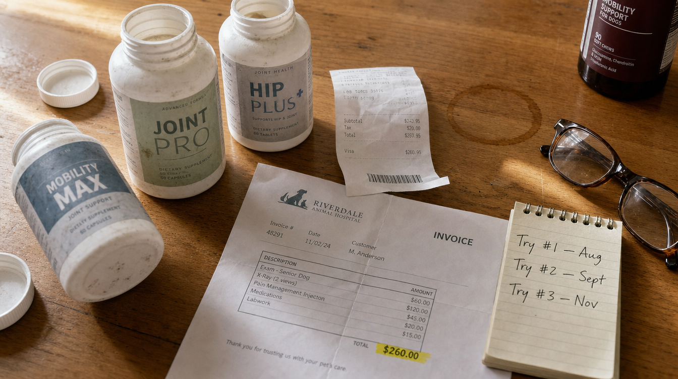 Failed joint supplements and a vet invoice on a wooden table